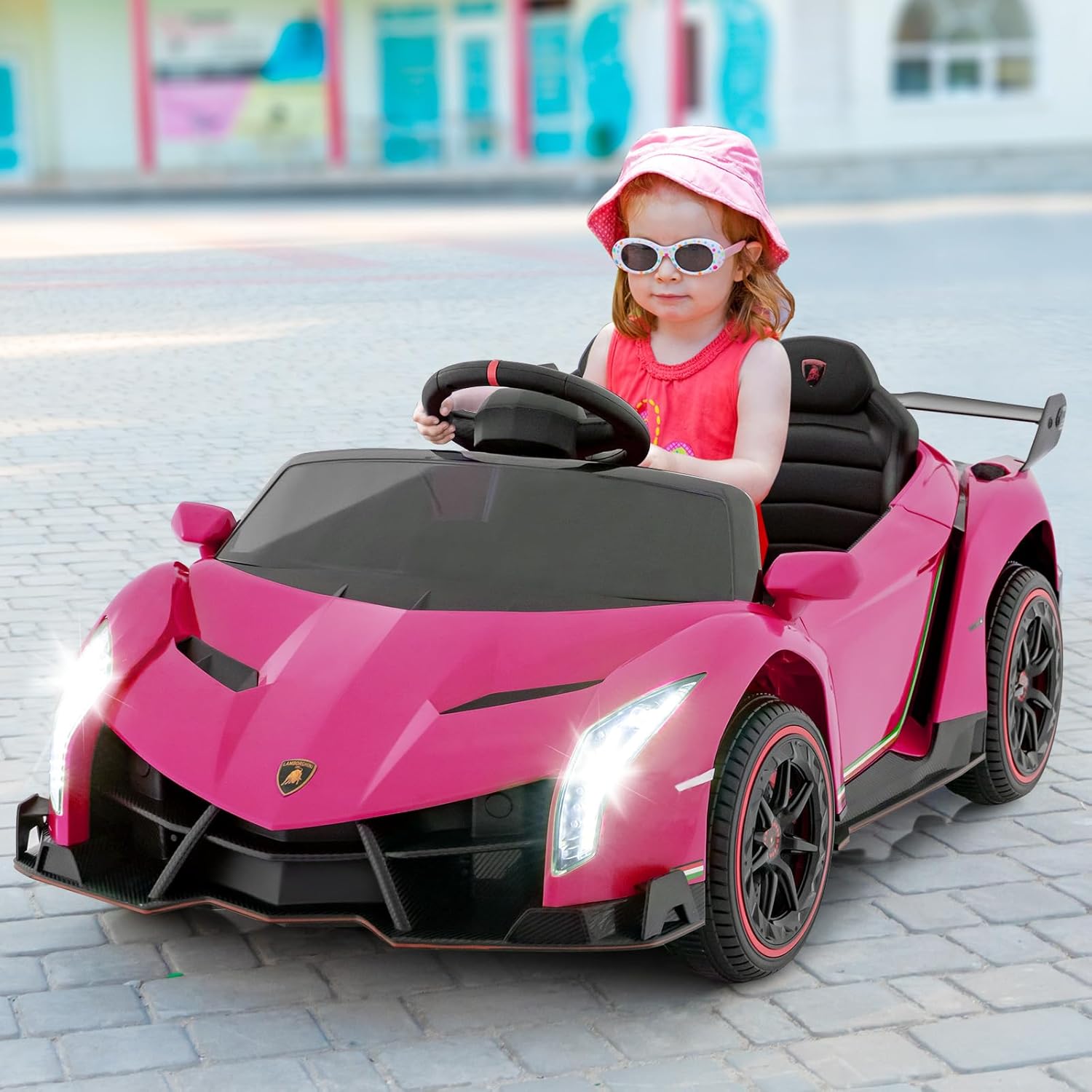 OLAKIDS 2 Seater Kids Ride On Car, 12V 4WD Licensed Lamborghini Veneno Electric Vehicle with Remote Control, Toddlers Battery Powered Toy Gift with 2 Speeds, Rocking Mode, Music, USB, MP3 (Pink)