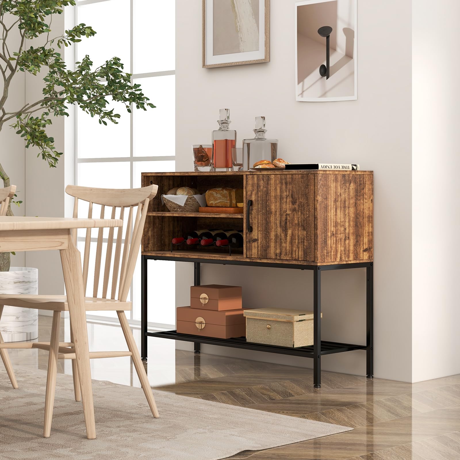 COSTWAY Sideboard mit Weinregal & Metallablage, Küchenschrank aus Holz, Weinschrank 35 x 100 x 83 cm, Konsolentisch Buffetschrank für Esszimmer, Wohnzimmer, Flur, Eingang (Braun)