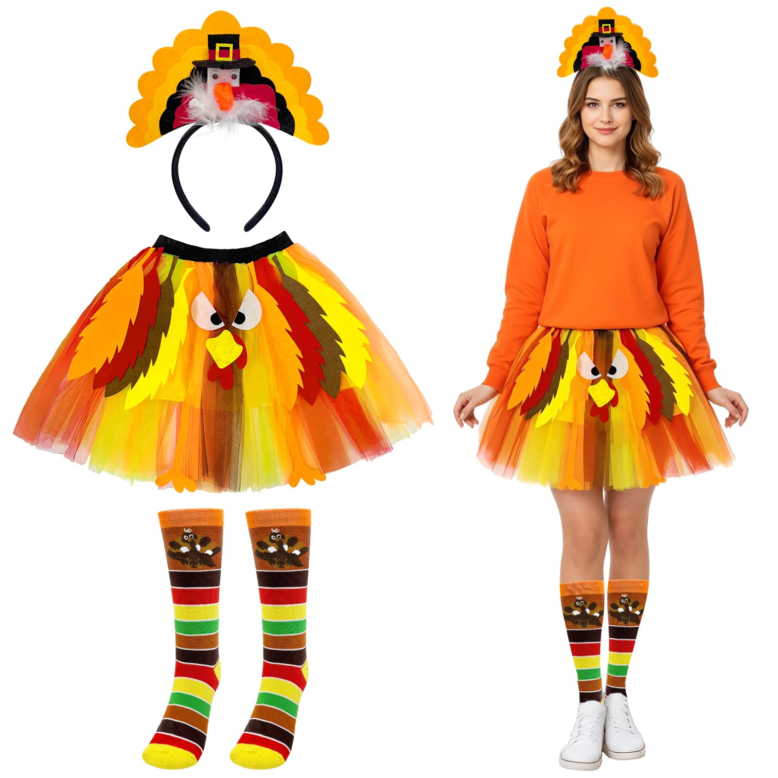 QLINLEAF Thanksgiving Turkey Tutu Costume Turkey Trot Skirt With Headband Sock for Women Autumn Fall Cosplay Party