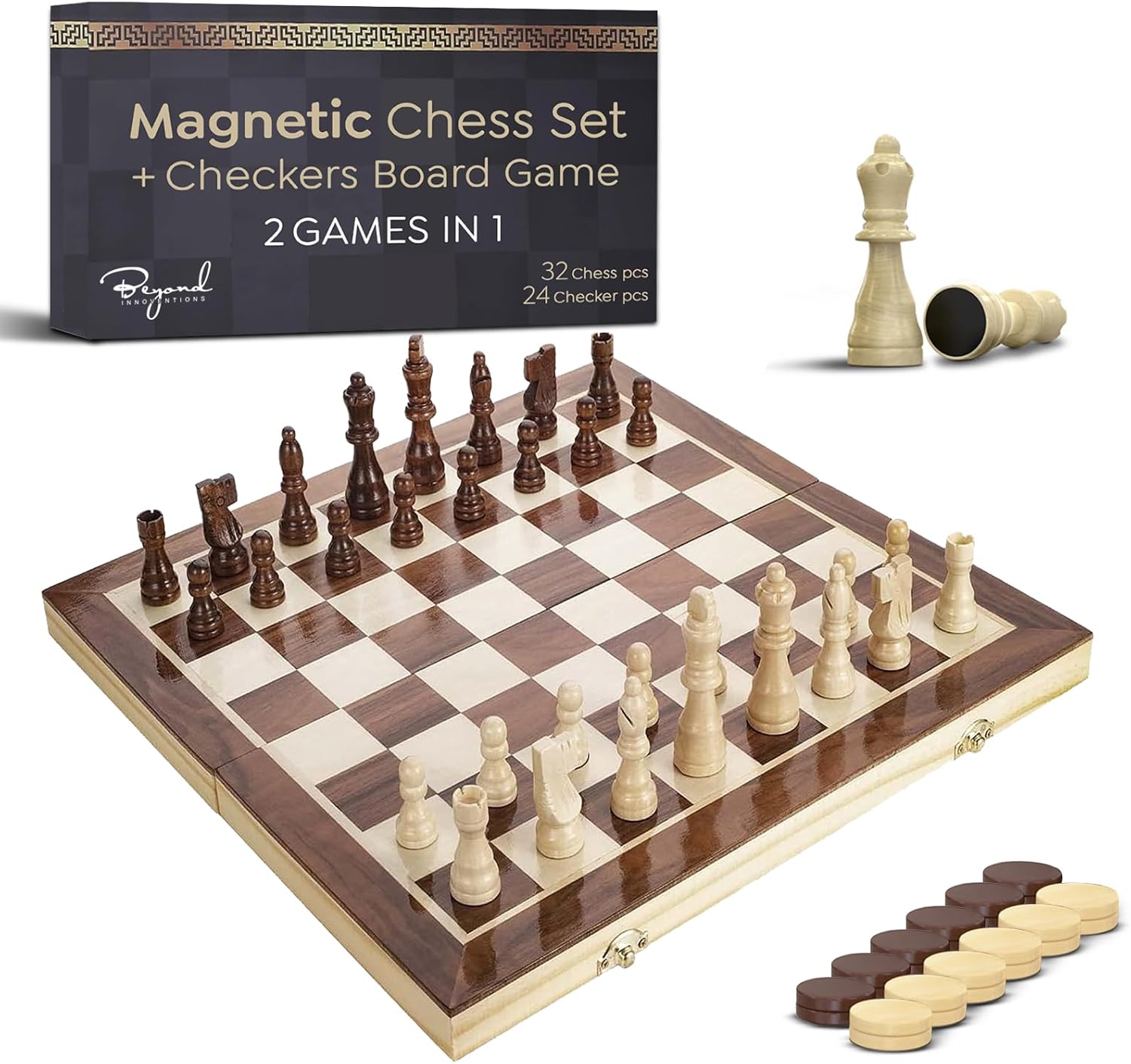 Wooden Magnetic Chess Set & Checkers Board Game, 15” Foldable Chess Board | Solid Wood 2-in-1 Board Game for Adults with Storage Box, 2 Extra Queens, Portable Travel Chess Set for Kids & Beginners