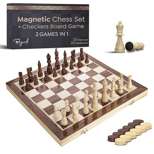 Magnetic Chess & Checkers Set | 15" x 15" Foldable Wooden Board | Solid Wood 2-in-1 Board Game with Storage Box, 2 Extra Queens, Portable Travel Set for Adults, Kids and Beginners