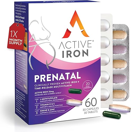 Active Iron Prenatal, suplemento de hierro + vitaminas prenatales para mujeres, 30 cápsulas sin estreñimiento + 30 multivitaminas de liberación