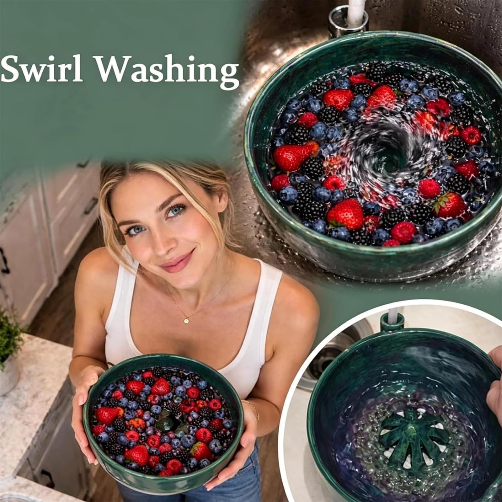 Auto-spinning Berry Lavaggio Ciotola in Ceramica, Lavatrice Multiuso Di Frutta E Verdura Con Drenaggio, Colander Cucina Multiuso, Per Pulizia Rapida Utensile Da Cucina (1pcs)