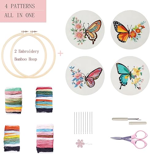 Miniatura 3 de Bonroy Juego de 4 juegos de bordado para principiantes, kit de bordado para manualidades, costura práctica, incluye ropa de bordado con patrón, aros