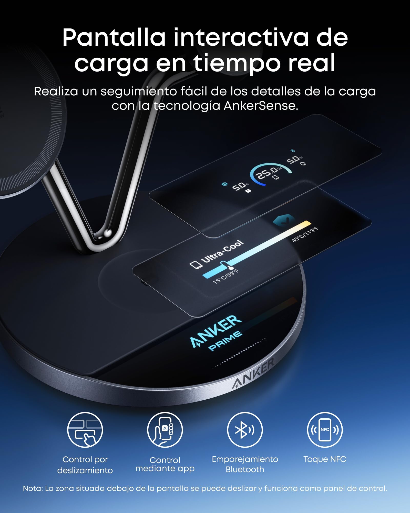 Anker Prime Cargador Inalámbrico iPhone 3 en 1 Qi2 25W Pantalla Inteligente | MagSafe compatible, enfriamiento activo TEC, pantalla inteligente. Para iPhone 17-12, Apple Watch, AirPods y más.