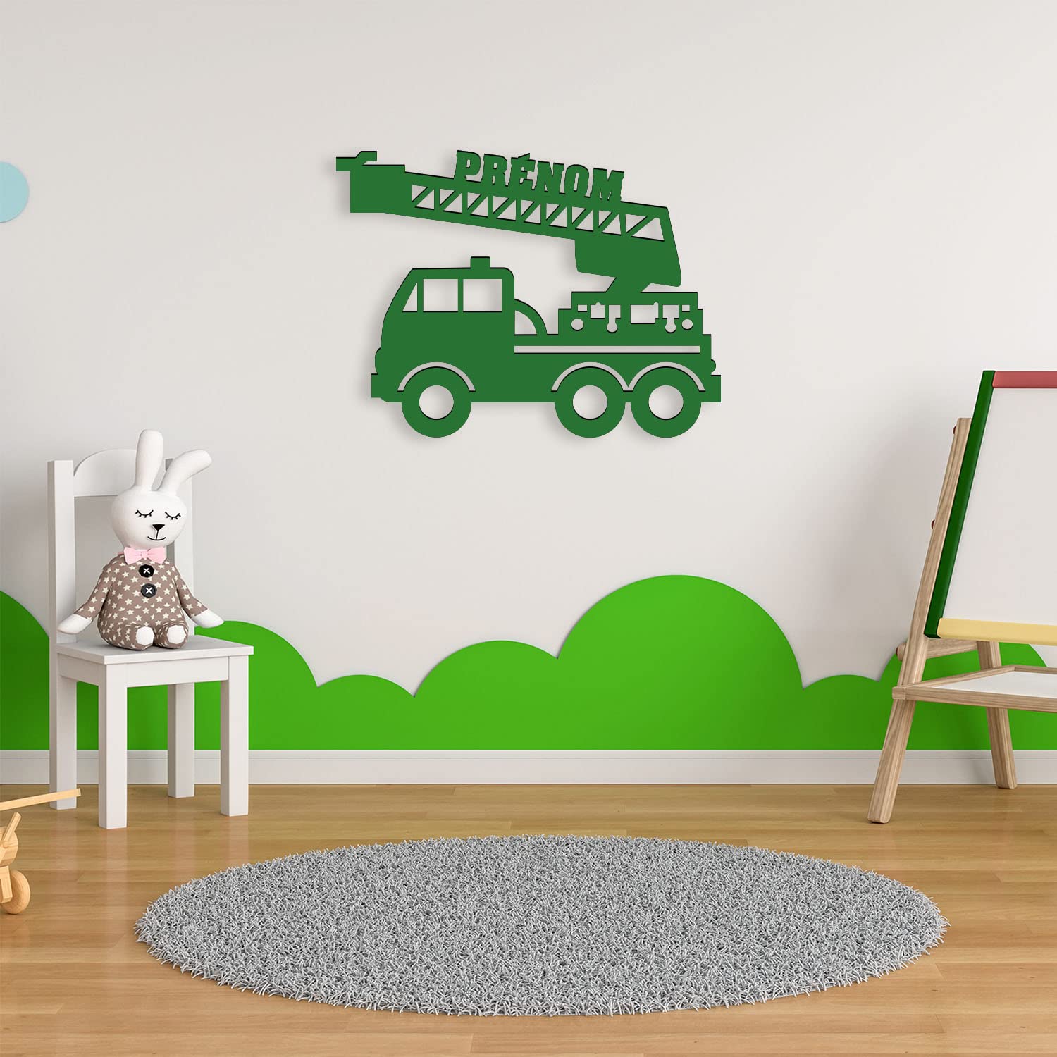 Lampe Murale LED Camion Pompier Personnalisable - Veilleuse Bois Avec Prénom - 20 Couleurs LED - Piles