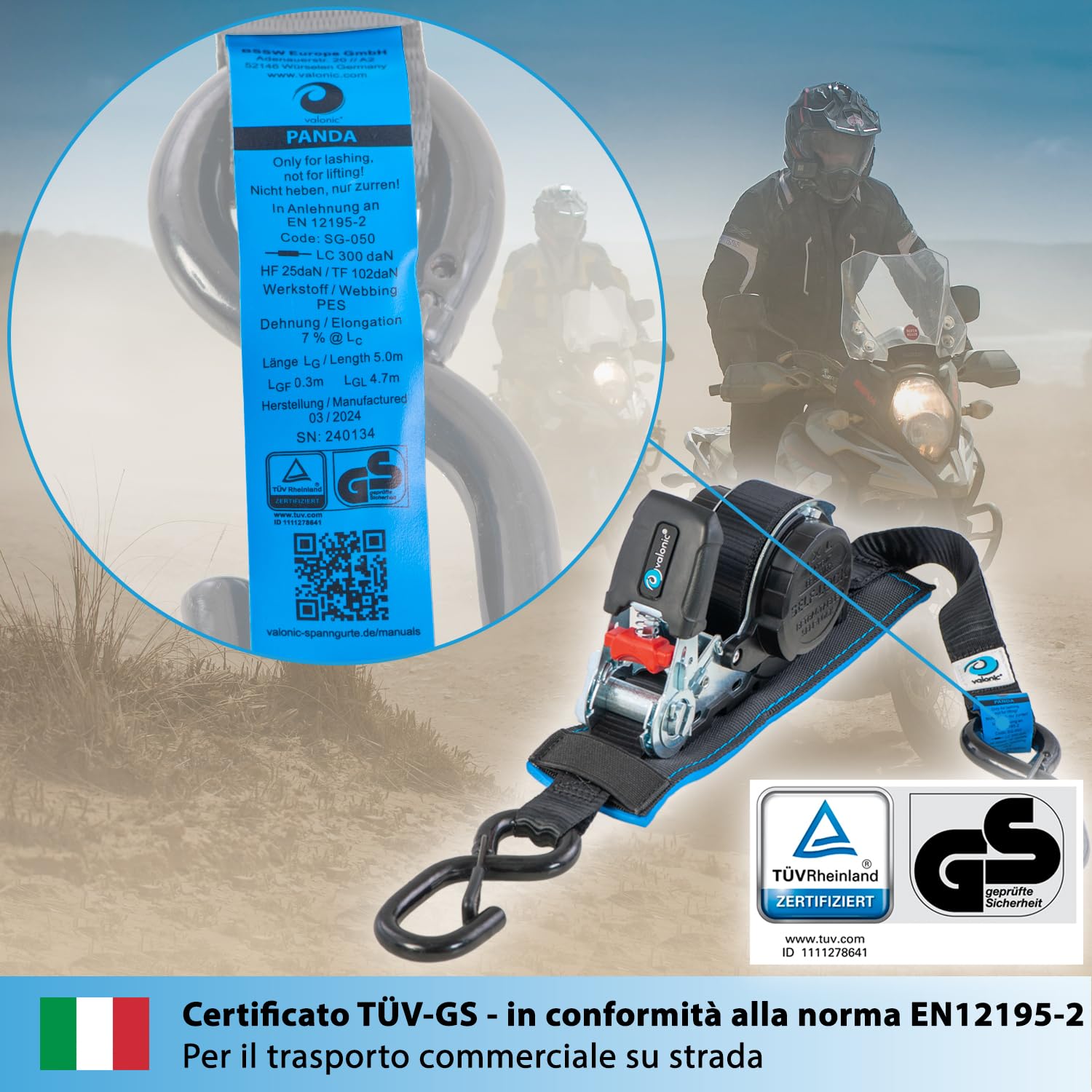 valonic PANDA - 2x 5m Cinghie di fissaggio automatiche con gancio a moschettone, 25mm, 300/600 Kg, imbottite, certificate TÜV Rheinl. e GS, EN 12195-2 - con cricchetto, nero