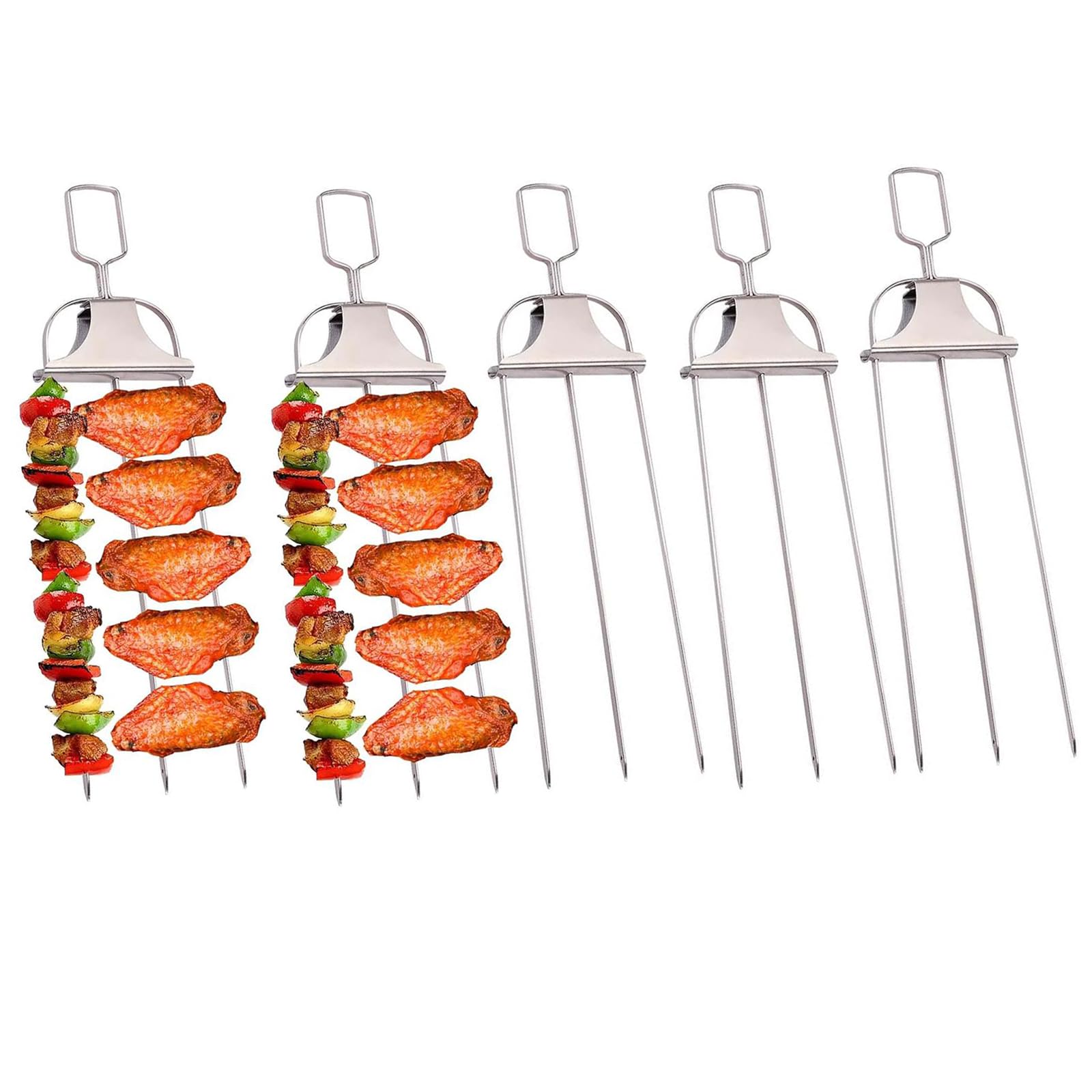 5 Pcs 3-Way Grill Skewers, 3 Prong Stainless Steel BBQ Skewers with Push Slider Bar, 14 Inch Reusable Metal Kabob Skewer for Outdoor Grilling, Heavy Duty Barbecue Fork for Meat, Chicken, Shrimp