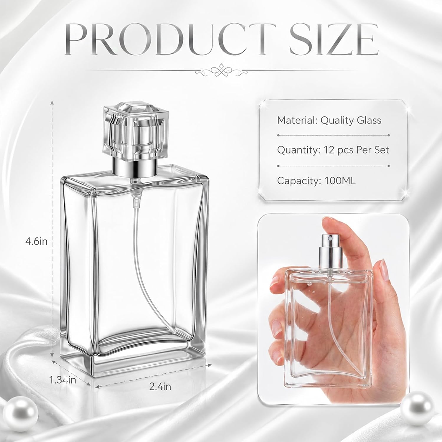 Teenyyou 12 Pack 100ml/3.4oz Empty Glass Perfume Bottles Clear Square Refillable Atomizer Vintage Cologne Spray Bottles Set with Funnels and Droppers for Travel Fragrance Essential Oils