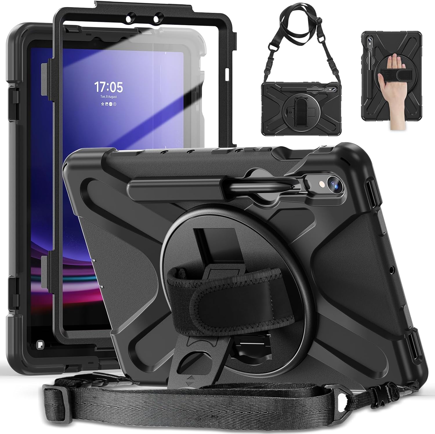 Rantice Case for Samsung Galaxy Tab S10 Lite/ S10 FE/ S9 FE/ S9/ S8/ S7, Heavy Duty Shockproof Protective Case with Screen Protector & 360 Rotating Stand & Hand Strap & Shoulder Strap (Black)