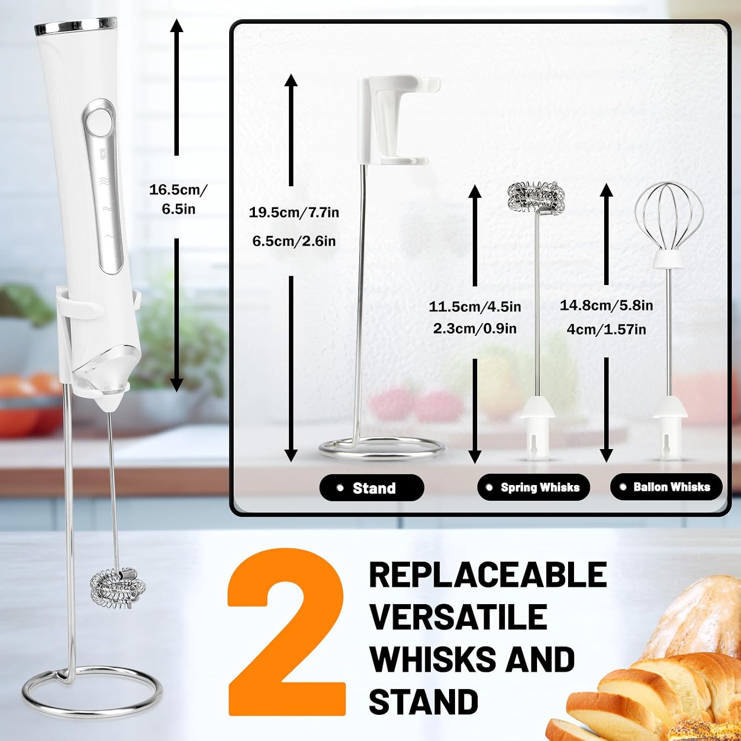 TonJin Milk Frother USB C Rechargeable New Upgraded Handheld Frother Wand with 2 304 Stainless Whisks 1 Stand, 3 Speeds Electric Coffee Whisk Frother for Lattes, Cappuccino, Egg, Matcha, White image 4