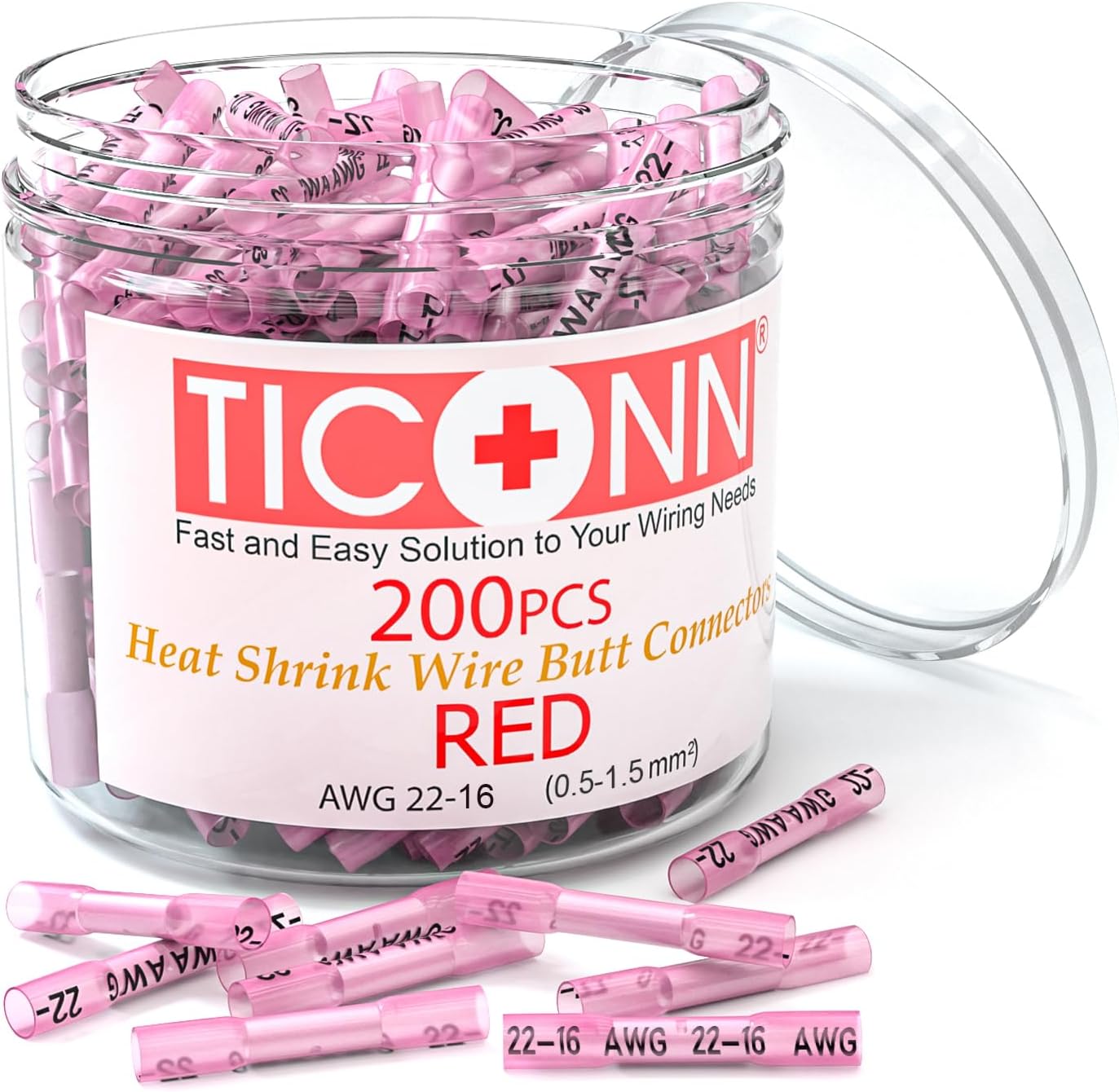 TICONN 200PCS AWG 22–18 Heat Shrink Butt Connectors, Insulated Waterproof Electrical Marine Automotive Wire Crimp Terminals, Butt Splice (Red200PCS)