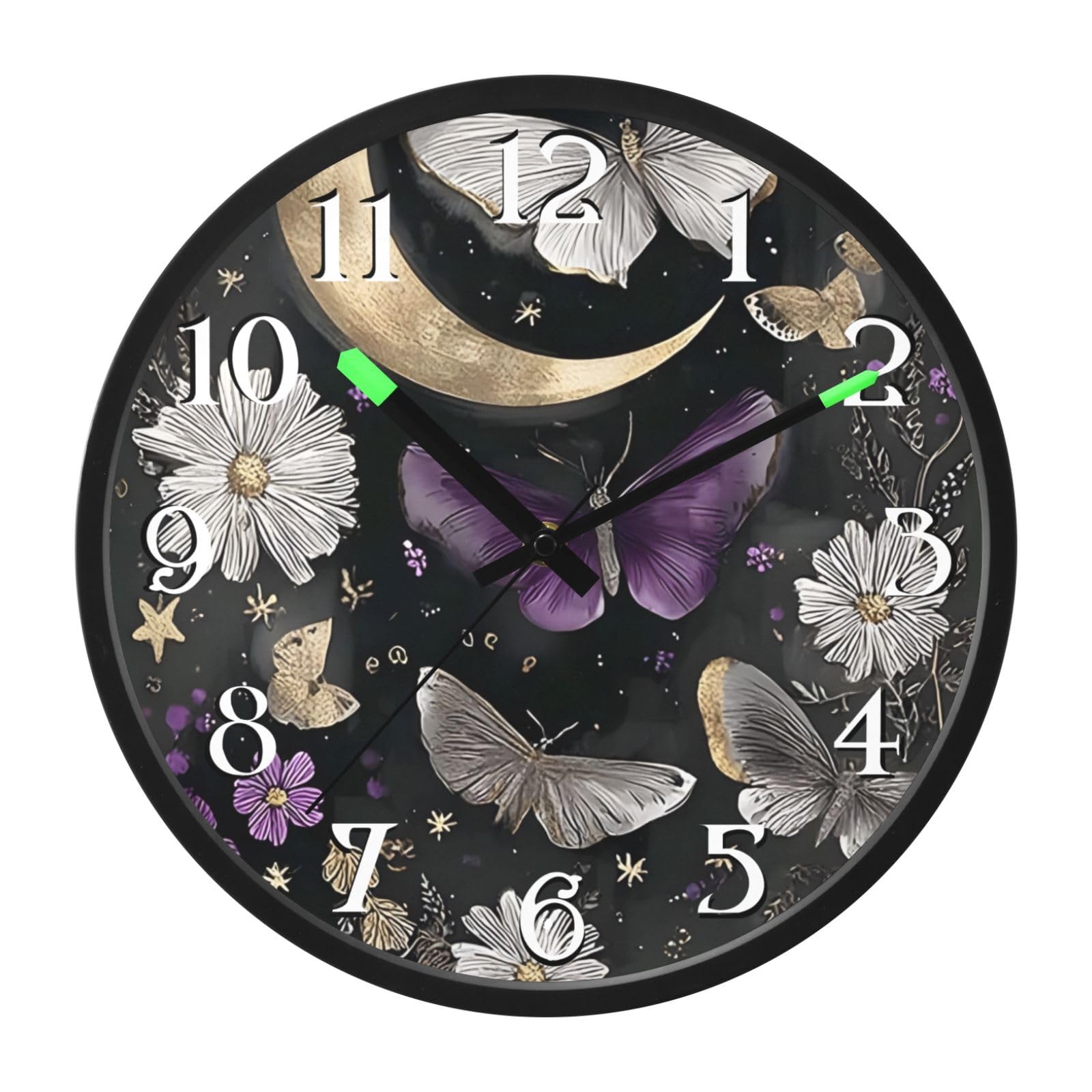 Mnsruu Reloj de pared luminoso con diseño de mariposa y luna, color morado, funciona con pilas, silencioso, brilla en la oscuridad, para sala de estar, cocina, 12 pulgadas