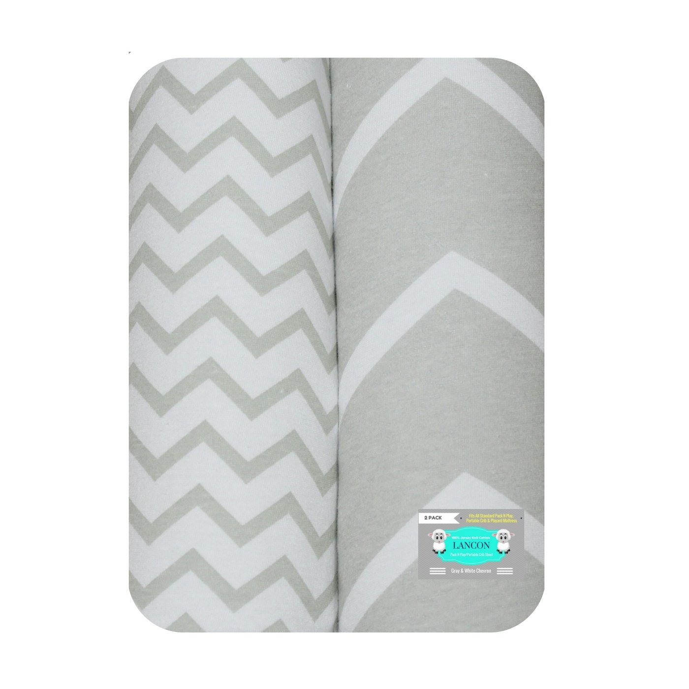 Pack N Play Portable Crib Sheet Set by LANCON Kids - 2 Pack of Ultra Soft, Premium 100% Jersey Knit Cotton Fitted Sheets (Gray/White Chevron)