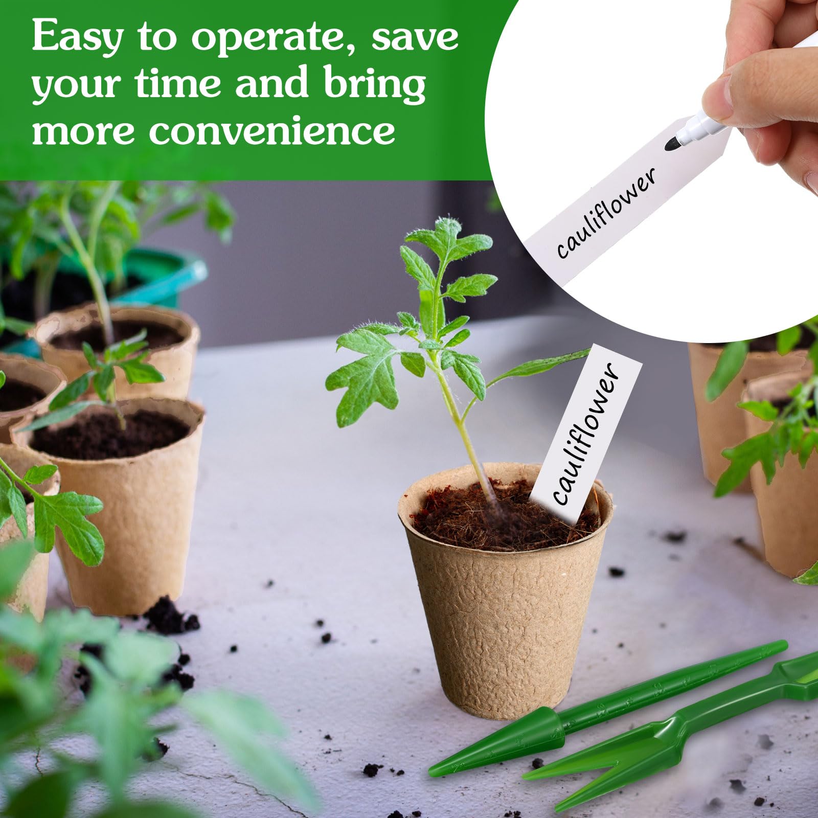Layhit Lot de 1 000 pots de tourbe de 7,9 cm, kit de démarrage de semis, plateaux de démarrage de semis, pots pour semis avec 1 000 étiquettes pour plantes, 10 outils de transplantation (ronds)
