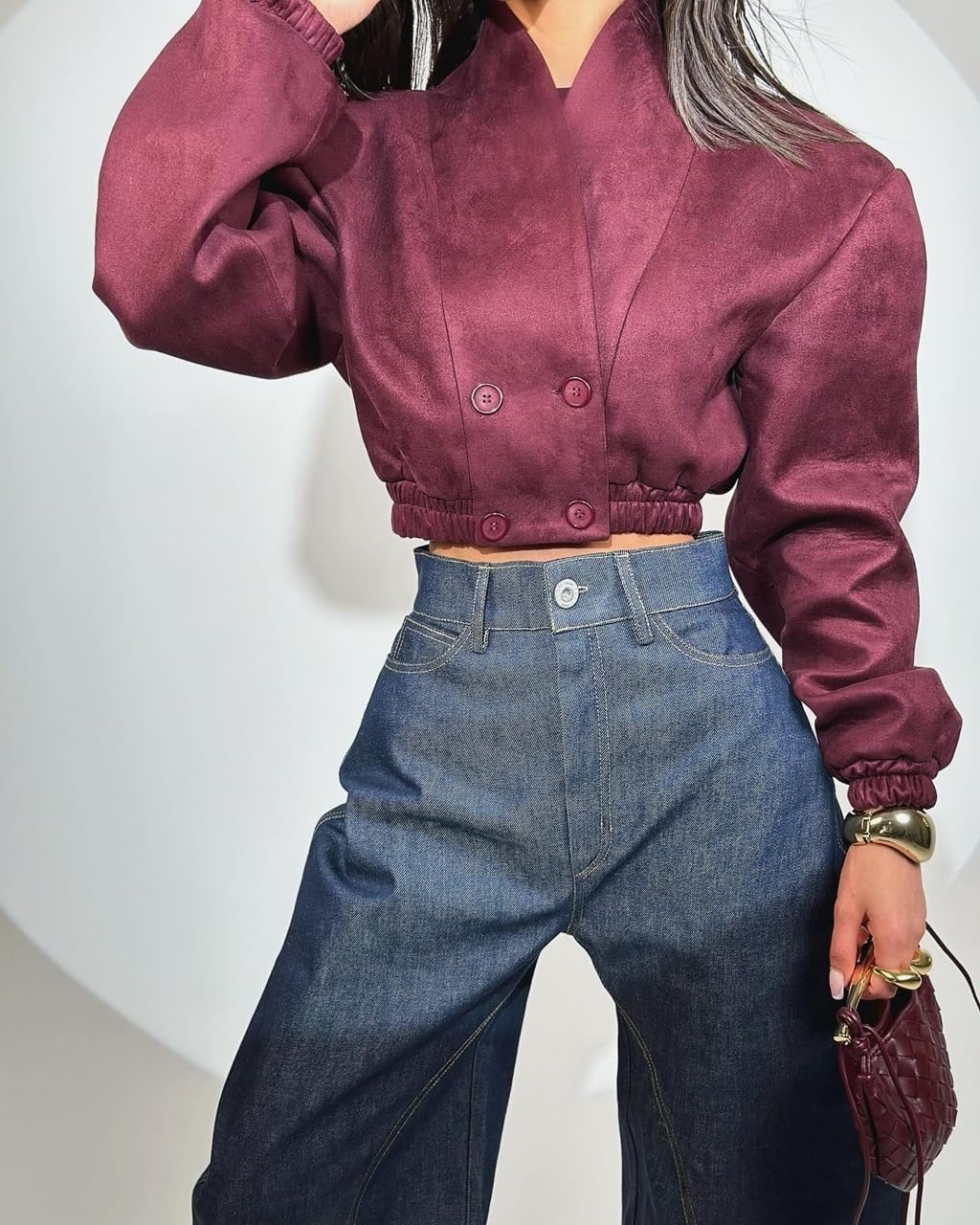 Crop Jackets for Women Button Waist Cinched Stand Collar Long Sleeve Retro Elegant Cropped Bomber Jackets for Women - Image 7