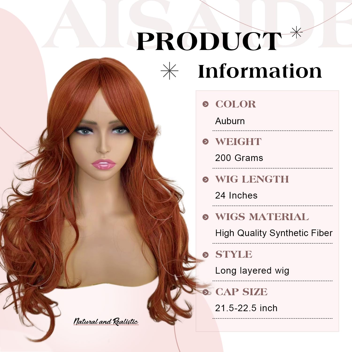 NWT Long Soft Fluffy Layered Light Auburn Shag Wig Long Auburn Wigs with Bangs,Ginger Layered Wavy Synthetic  main image 2