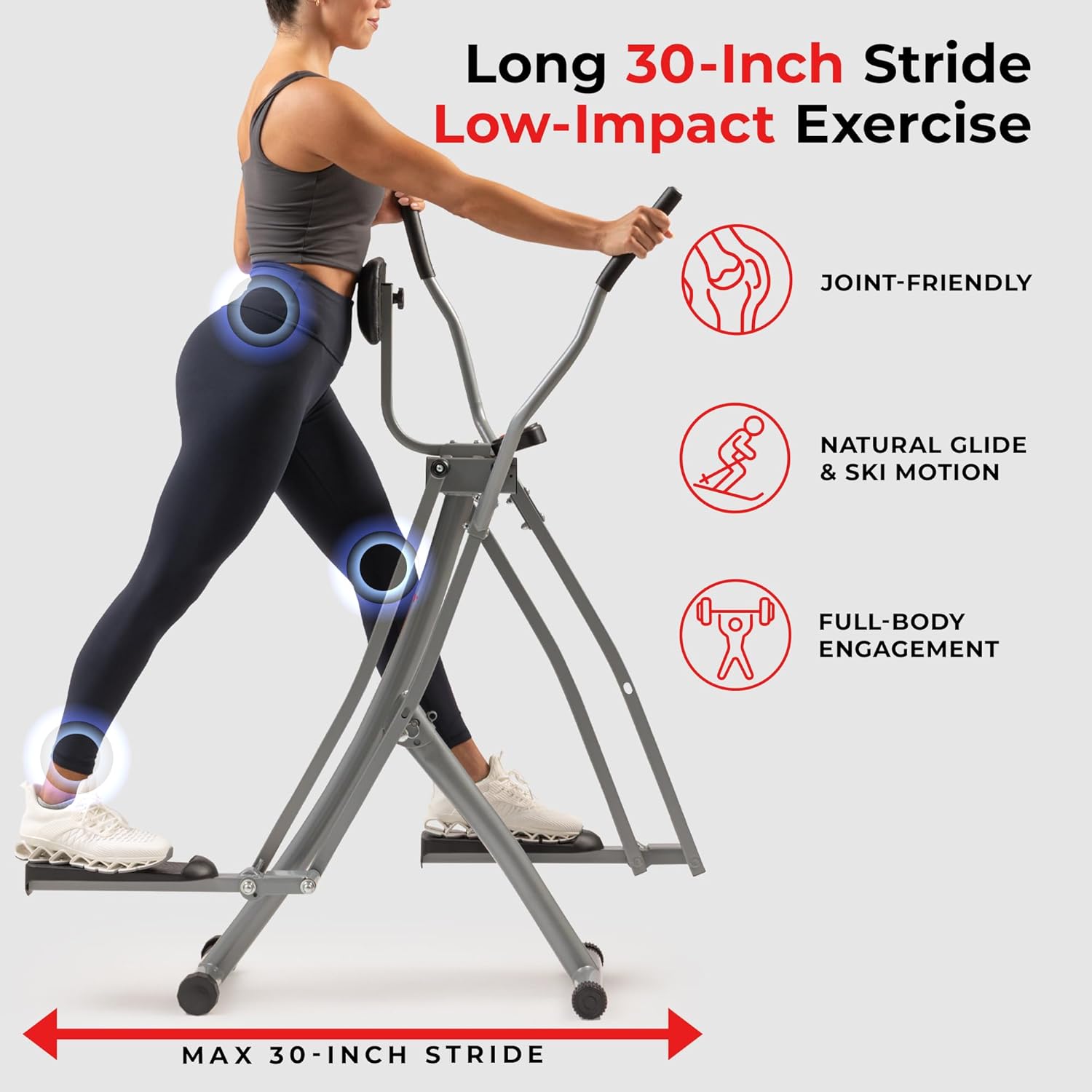 Sunny Health & Fitness Foldable Air Walk Elliptical, 30" inch Long Stride Full-Body Cardio Cross Trainer Glide Exercise for Home Office, SunnyFit App via Bluetooth with Optional Adjustable Resistance Smart
