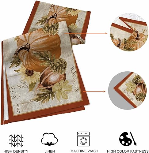 Miniatura 4 de Juego de 6 caminos de mesa y manteles individuales con diseño de calabazas de acuarela, color naranja otoñal, juego de tapetes de comedor de lino