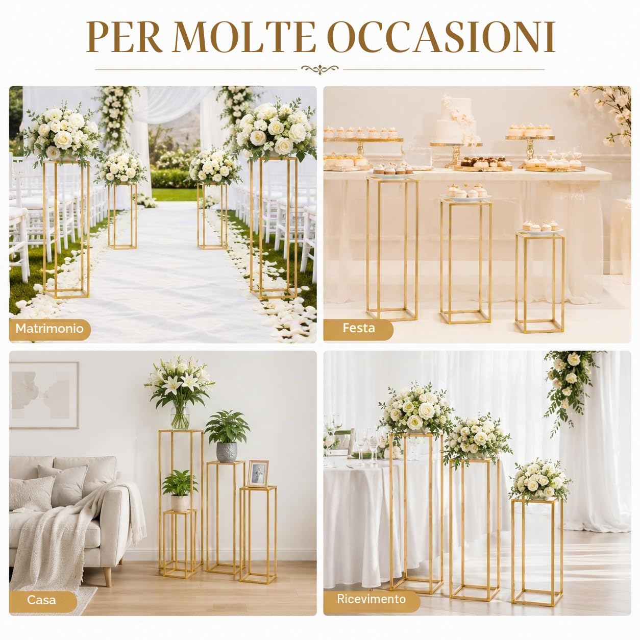 4 supporti per fiori in metallo, a colonna geometrici, centrotavola, rettangolare, per matrimoni, decorazioni per feste