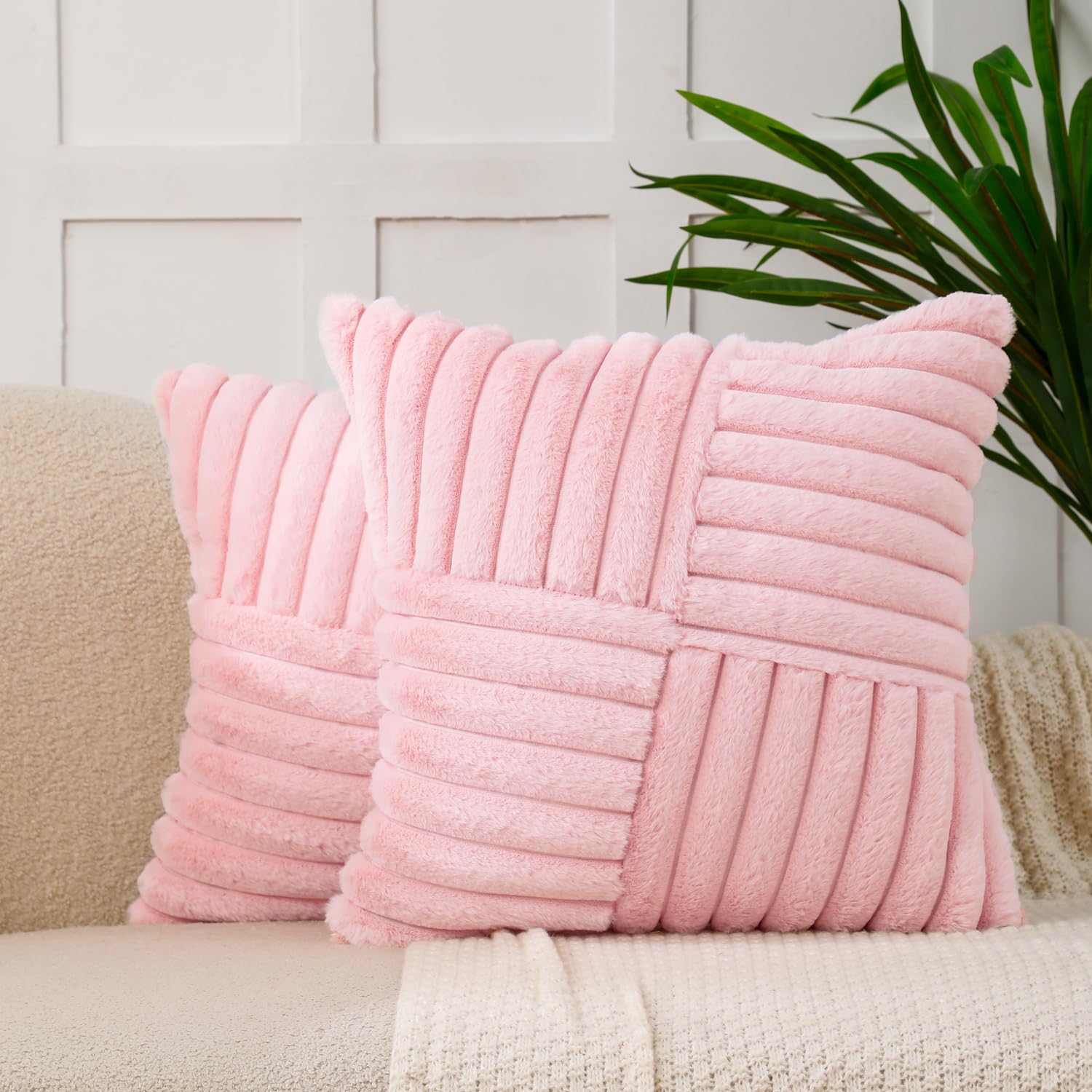 All Smiles Valentine's Day Couch Decorative Throw Pillow Covers 18x18 Set of 2 Faux Fur Plush Soft Fluffy Velvet Cushion Case Cozy Fuzzy Striped Pillowcase Home Decor for Bed Sofa Living Room,Pink — image 1