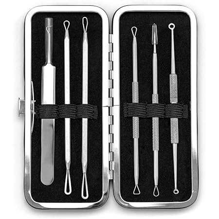 6 Piece Set Pimple Popper Blackhead Remover and Acne Extractor Kit Specifically Treats Face Blemishes Zits and Whiteheads - Perfect Stocking Stuffer, Includes Giftbox and Travel Case