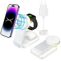 Tigratigro Caricatore Wireless per iPhone con Mag-Safe, 3 in 1 Ricarica Rapida Stazione Magnetica Pieghevole portatile Charger per iPhone 12, 13, 14, 15, 16, AirPods 2, 3, 4, Pro, Apple Watch-Bianco
