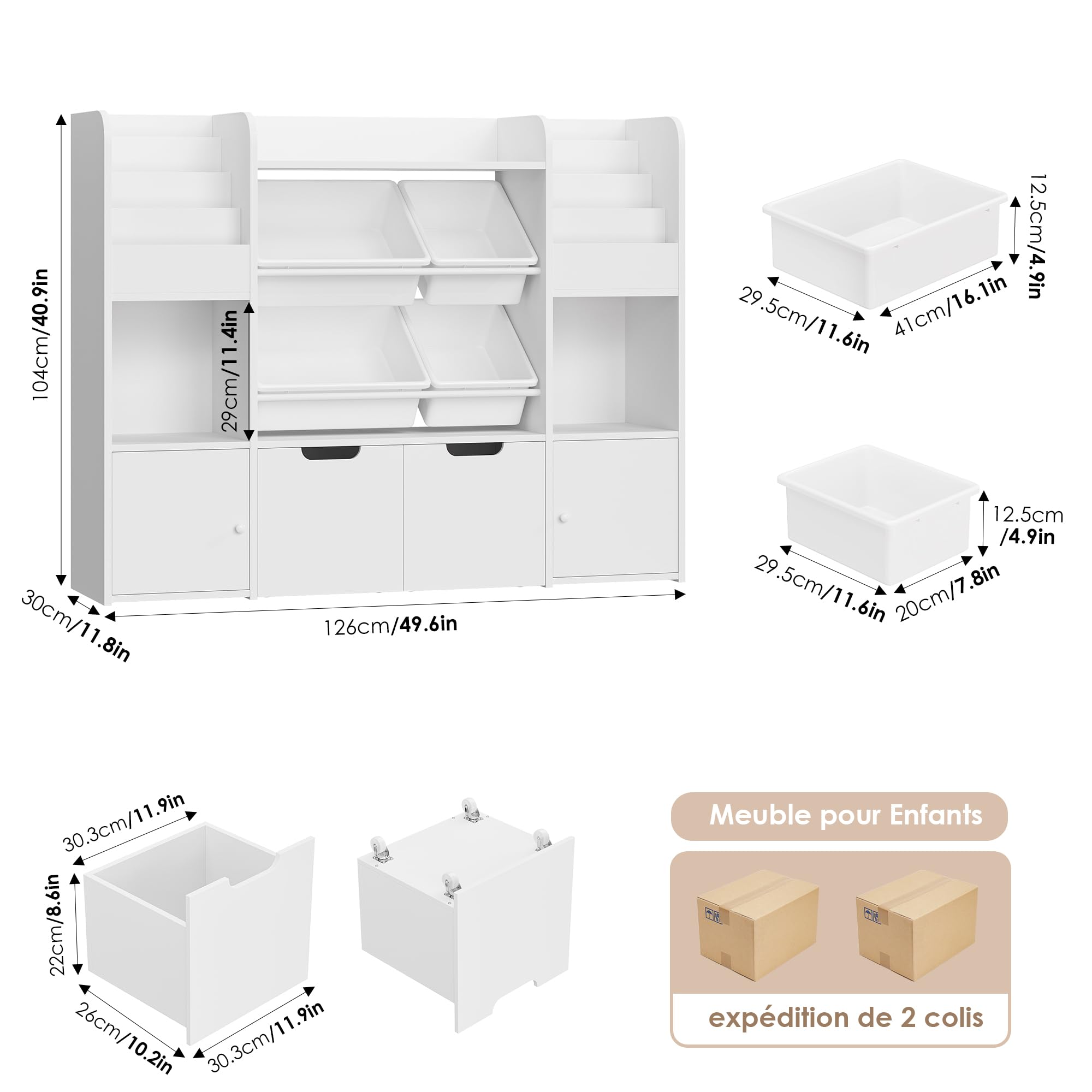 FOREHILL Meuble Rangement Enfant Bibliothèque Enfant Boîtes Amovibles Blanc | Rangement jouet et livres 126x30x104cm | 13 Étagères 2 tiroirs roulants | Meuble pour chambre salle de jeu | Facile à monter