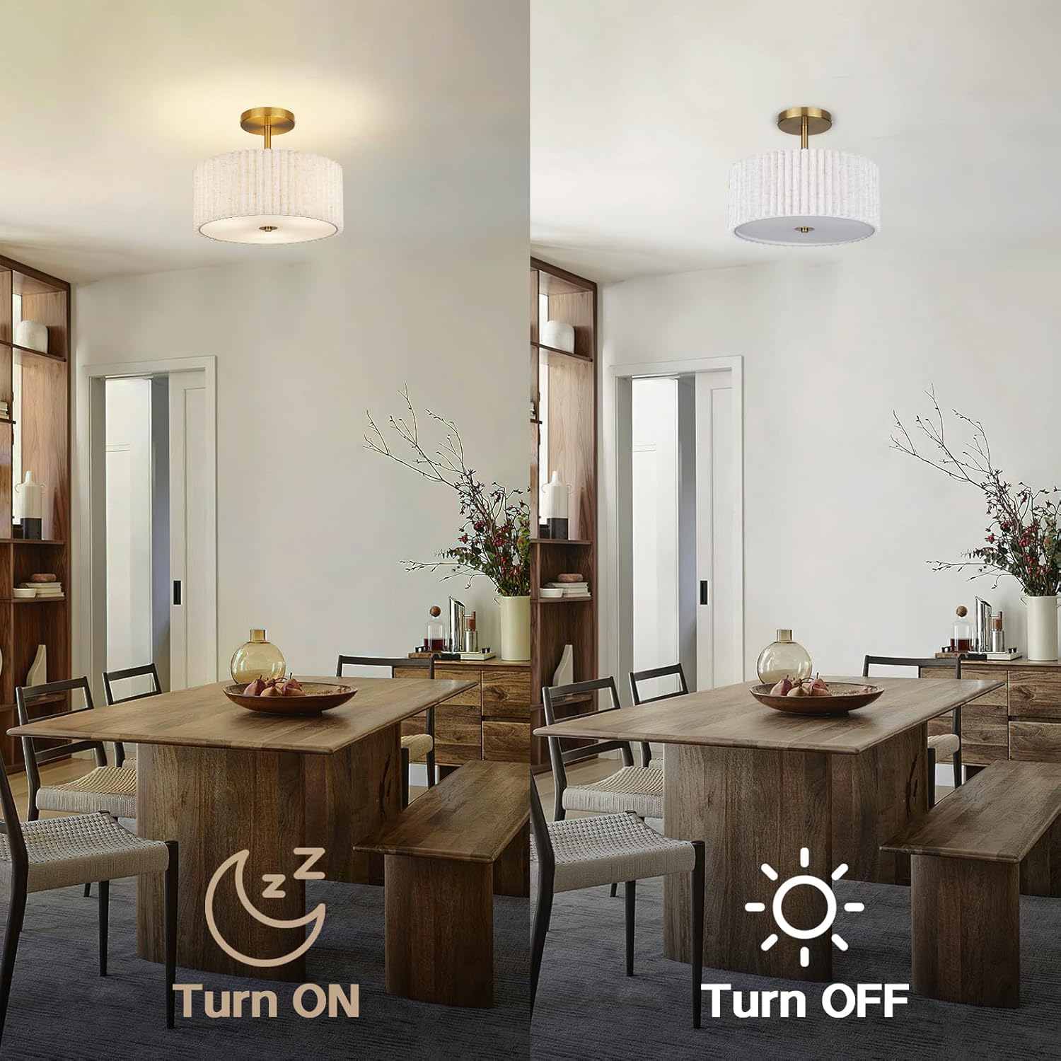 Mid Century Modern Semi Flush Mount Ceiling Light with Pleated Fabric Shade, 12.5 in Drum Gold Light Fixture with Lights, Beige White Linen Lamp for Bedroom, Living Room, Dining Room, Hallway