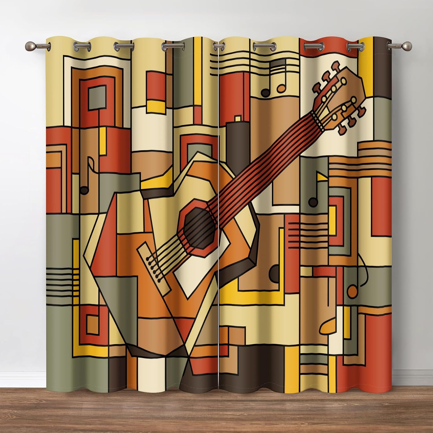Jekeno Music Guitars Blackout Curtains - Geometric Square Shaped Splicing Background Print Darkening Window Drapes Decor Bedroom Home Living Room Grommet Window Drapes 2 Panel Set, 42"x54"