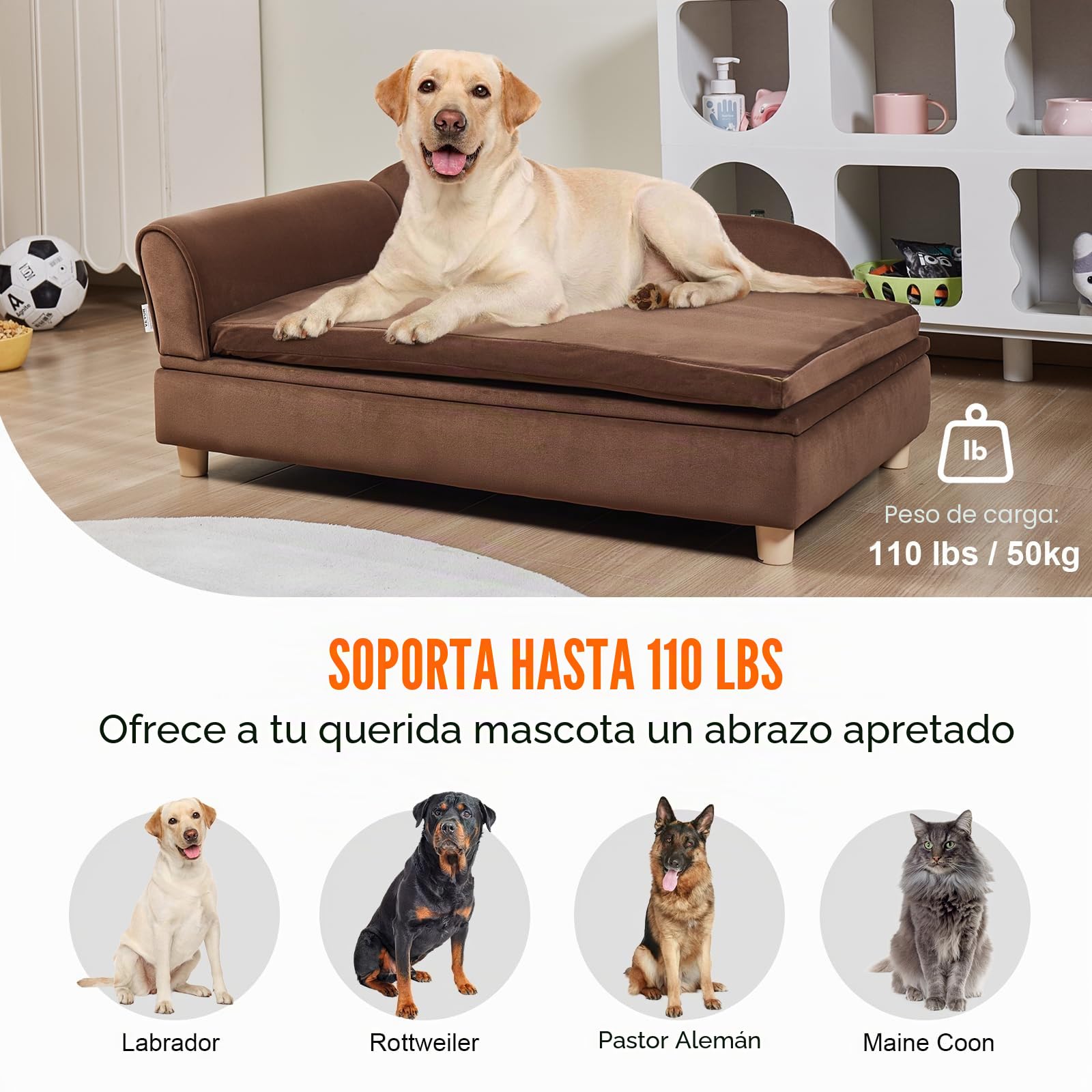 VEVOR Sofá para Mascotas, Sofá para Perros y Gatos de Gran Tamaño, Sofá Cama Suave y Aterciopelado para Perros, Sofá para Gatos con Carga de 50 kg, Marrón Oscuro, 910 x 585 x 415 mm, 10,2 kg de Peso