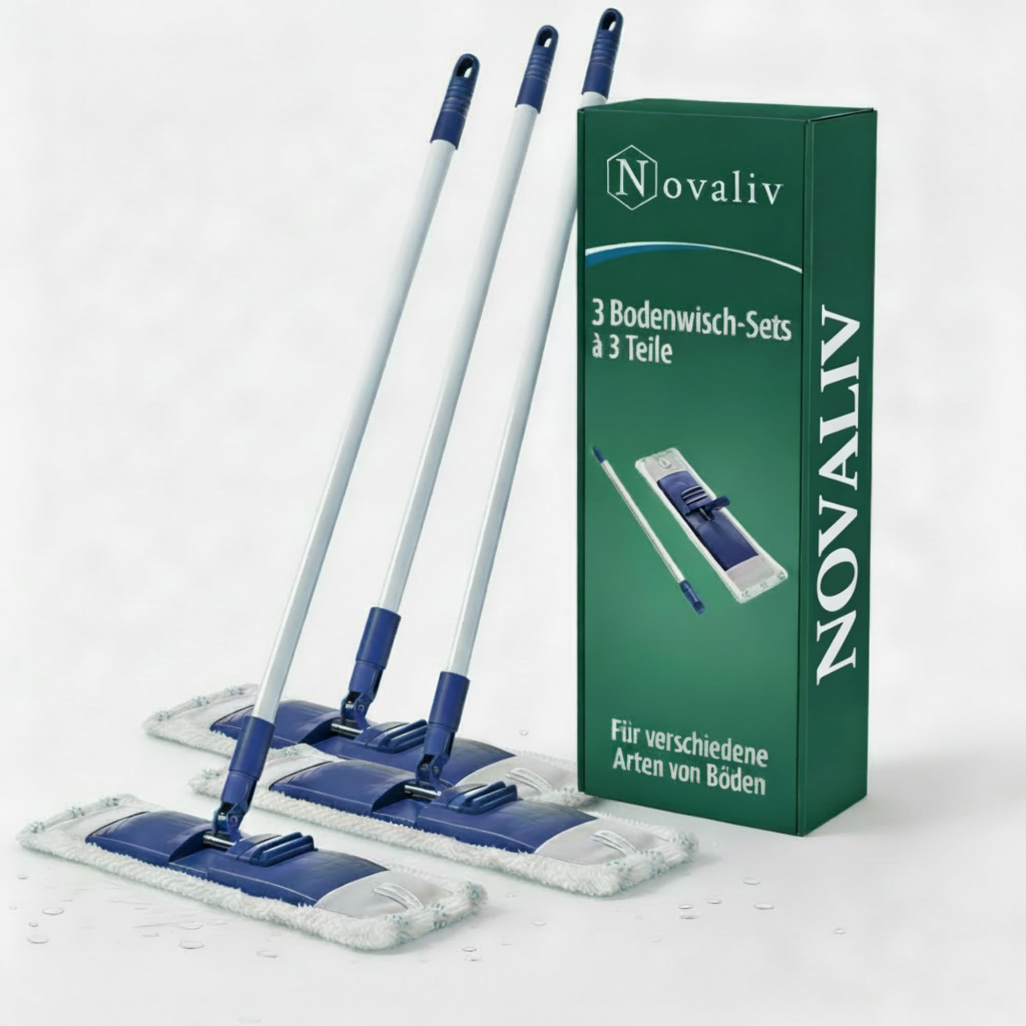 Novaliv System mopa do podłóg z drążkiem | 3-częściowy biały | 46 x 13 cm i 140 cm długości | oszczędność miejsca | mop do czyszczenia podłóg z laminatu, podłóg z twardego drewna