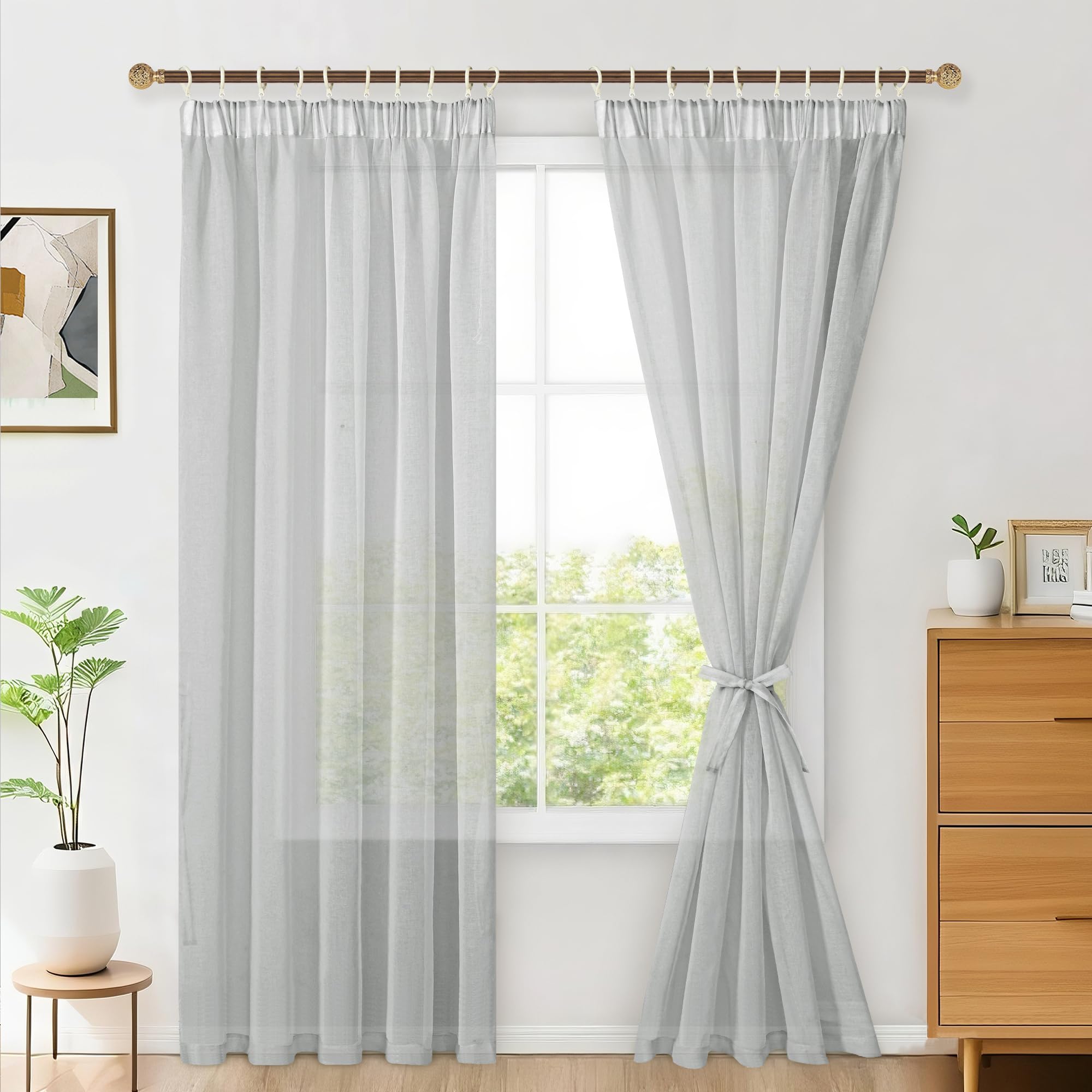Hiasan 2er Set Sheer Voile gardinen vorhänge gardine Wohnzimmer mit Kräuselband Curtains scheibengardinen Vorhang Transparente Durchsichtig Luftig Dekoschal für Schlafzimmer 245x140cm(HxB) Grau