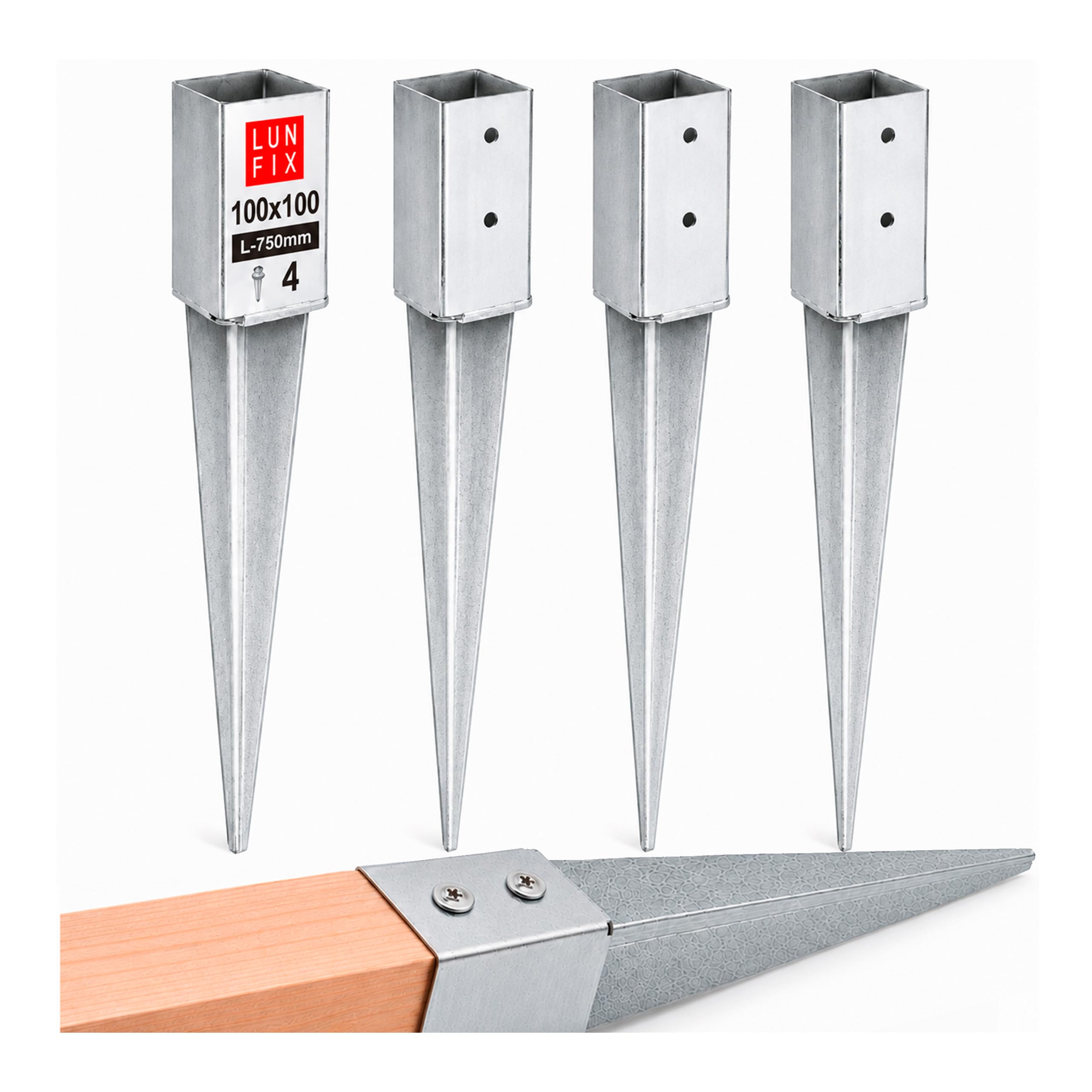 Einschlag-Bodenhülse 100x100mm, SET Aus 4 Stück Für Holzpfosten 4-Kant, Feuerverzinkt 1,8 mm Materialstärke, Für Zäune & Gartenprojekte, Gesamtlänge 750 mm