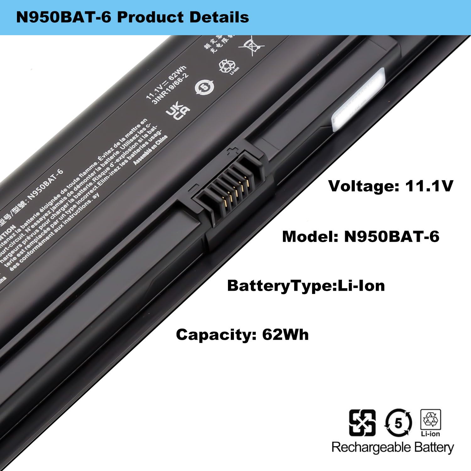 BLESYS N950BAT-6 - Batteria per laptop Clevo N950KP6 N950TD N950TP6 N957KP6 N957TD N957TP6 P960RD; per Hasee ZX7-CP5S2 ZX7-CP7S2 TX7 TX8 TX9 KP2 KP2 KP2 11111 ,1 V/62 WH