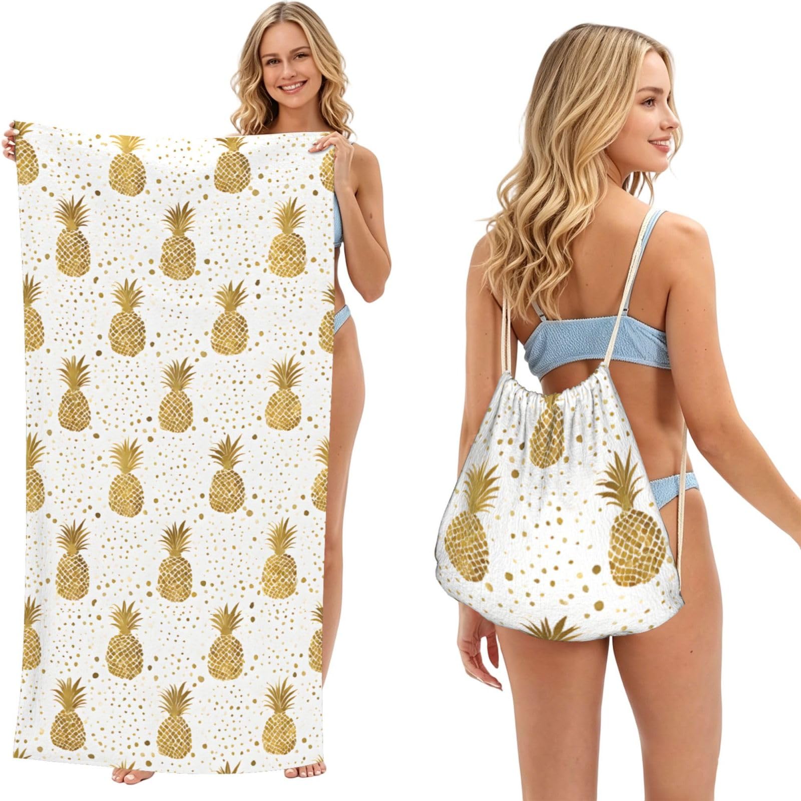 ESNAIUVCD Gold Glitter Pineapples Fruit Print Beach Towel For Adults,Towel With Drawstring Bag, Travel Pool Swimming Sports Shower Sand Free Quick Dry Bath Towel For Pool, Beach, Yoga- 180x60cm