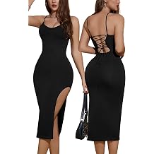Women's Lace Up Backless Strappy Sleeveless Side Split Cami Dress Spaghetti Strap Bodycon Shape Dress