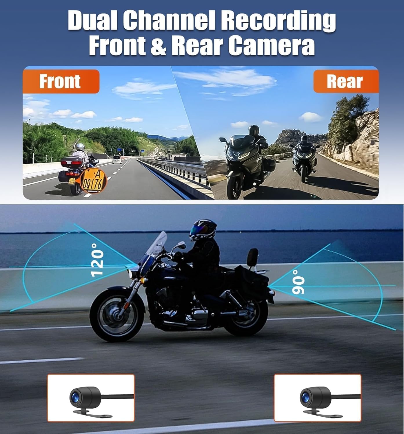 CAMECHO Moto Dash CAM Pantalla de 3 Pulgadas, IP67 Impermeable, Doble Cámara Gran Angular 120 Grados, Cámara para Moto de 90 Grados con HDR, Sensor G, Grabación en Bucle