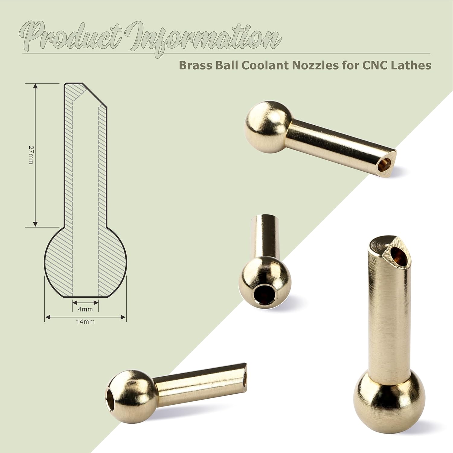 5 PCS 14MM 27 Brass Ball Cnc Nozzle, Slanted Hole Extend Coolant Nozzle for Jewelry Lathes Screw Lock, High-Pressure Cutting Oil Cooling Nozzle for Jewelry Carving Milling Machines