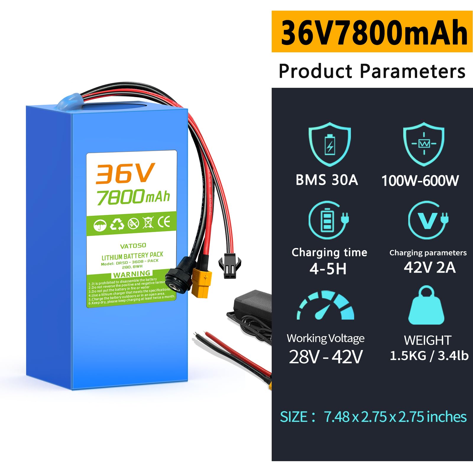 Amazon.com: VATOSO 36V Lithium Battery Pack 7800mAh, Built-in 30A