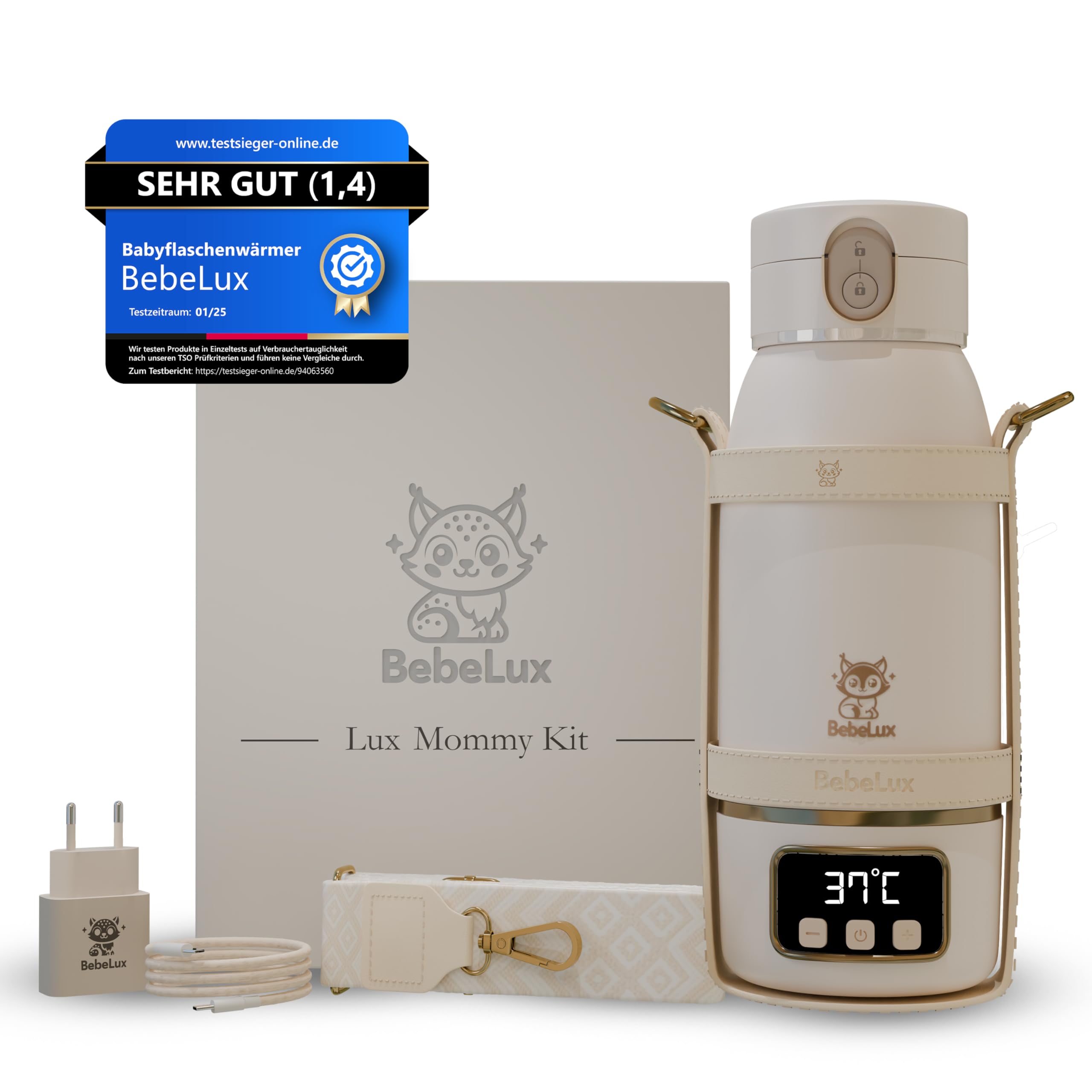 BEBELUX BebeWarm V2 Lux Mommy Kit - Calentador de biberones | Temperatura perfecta en dos minutos, hasta 500 ml, batería, USB-C, juego de accesorios, color beige