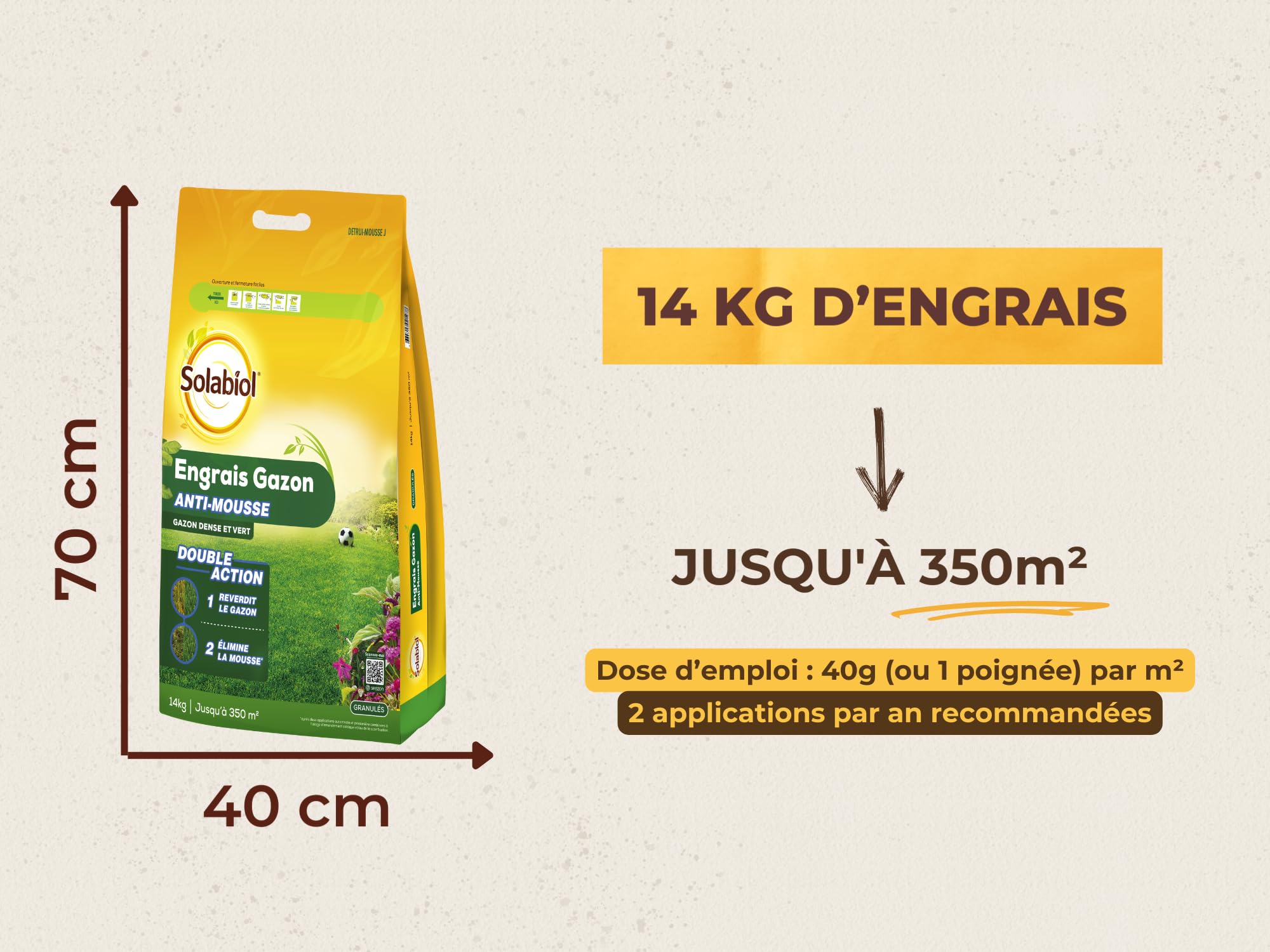 SOLABIOL Engrais Gazon 14 Kg Double Action 350m² Granulés Anti-Mousse