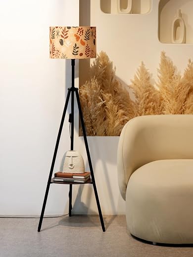 Crosscut Furniture- Printed Series Tripod Floor Lamp with Shelf, LED Bulb Included (Boho Seed)