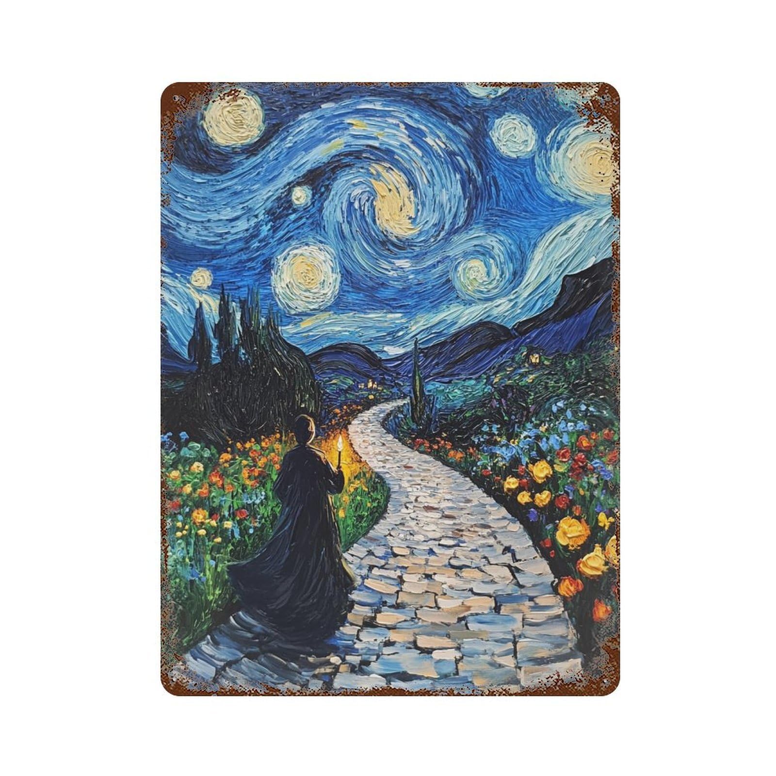 Retro Metal Sign Starry Night Pathway Art Print -1 15.7"x11.8", Decorative Metal Wall Art for Pub, Kitchen And Man Cave Decor