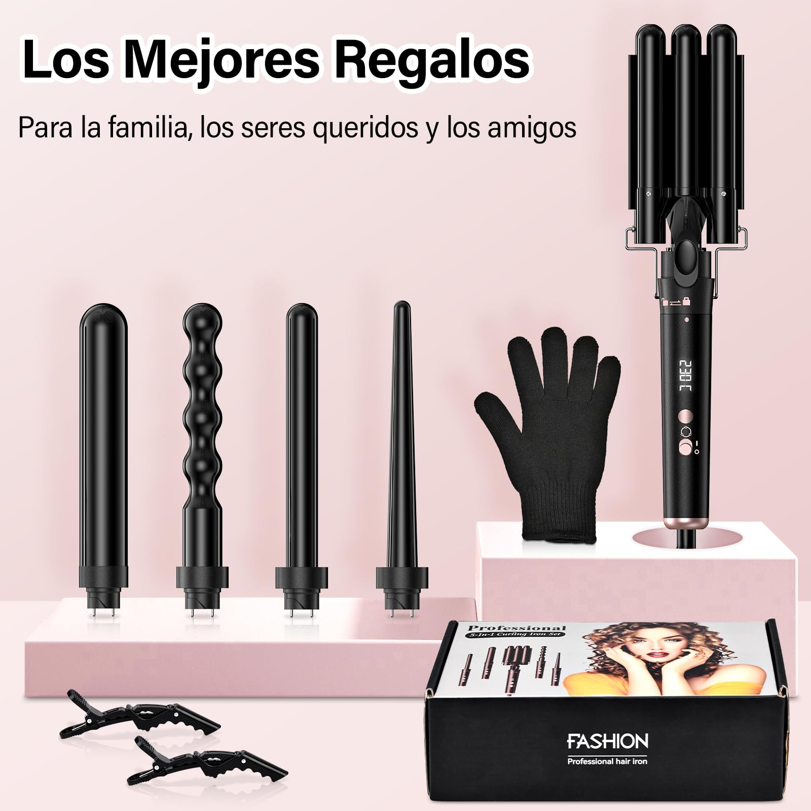 Rizador de Pelo 5 en 1 con 5 Accesorios Intercambiables, Rizador Pelo Ondas, Plancha Ondas de Cerámica, Temperatura Ajustable, Calentamiento Rápido, Rizador Tres Barriles para Rizos y Ondas