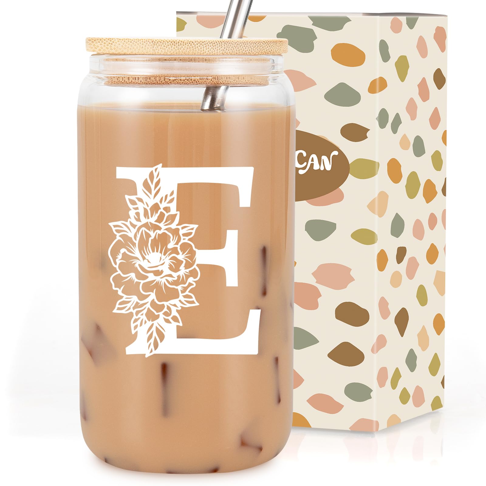 Coolife Initial Glass Cup, Monogrammed Gifts for Women, 16 oz Tumbler w/Lid