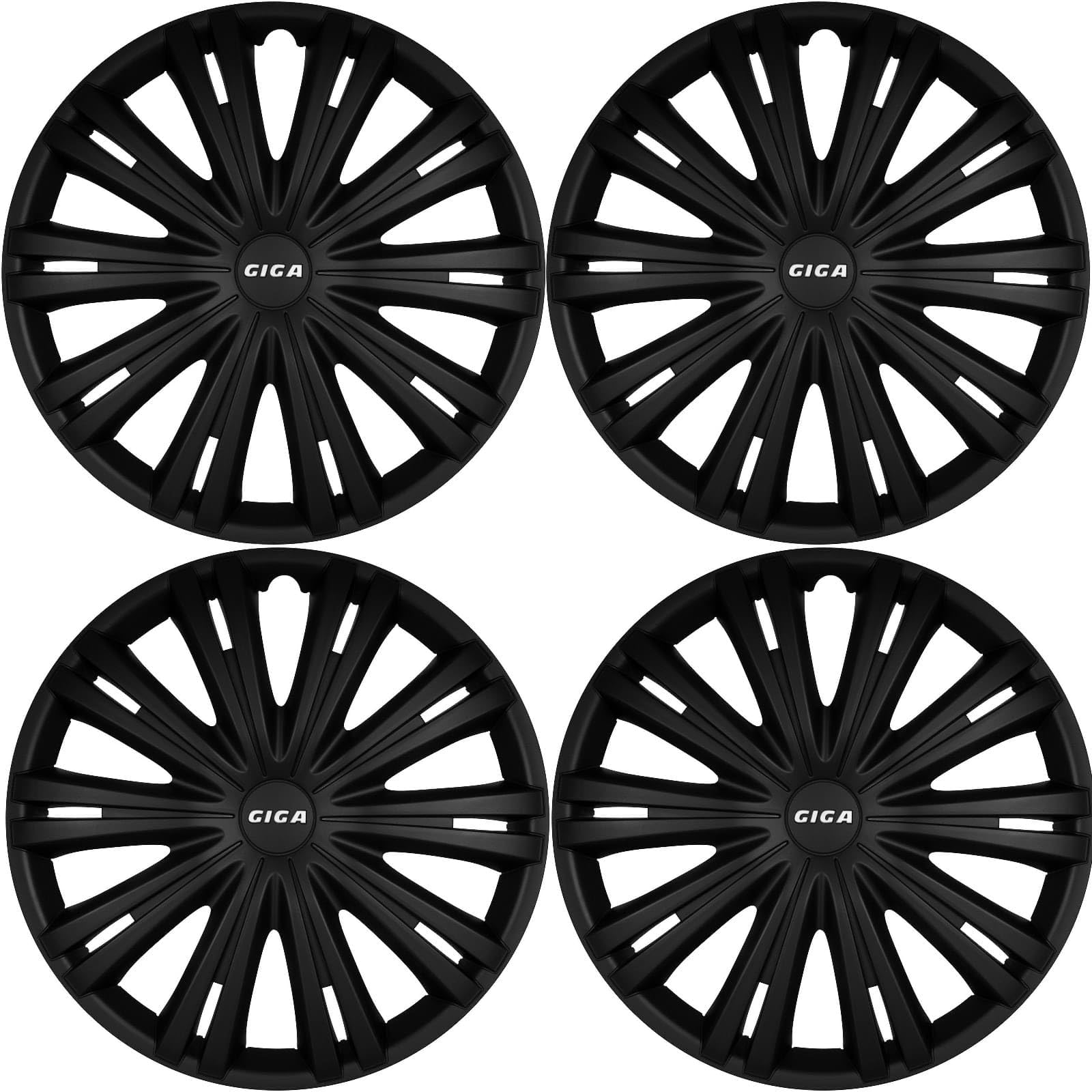 Copricerchi di alta qualità, 15 pollici, colore nero opaco, con scritta, set da 4 copricerchi per cerchioni in acciaio, copricerchi per una protezione ottimale (Giga/Nero opaco + scritta)