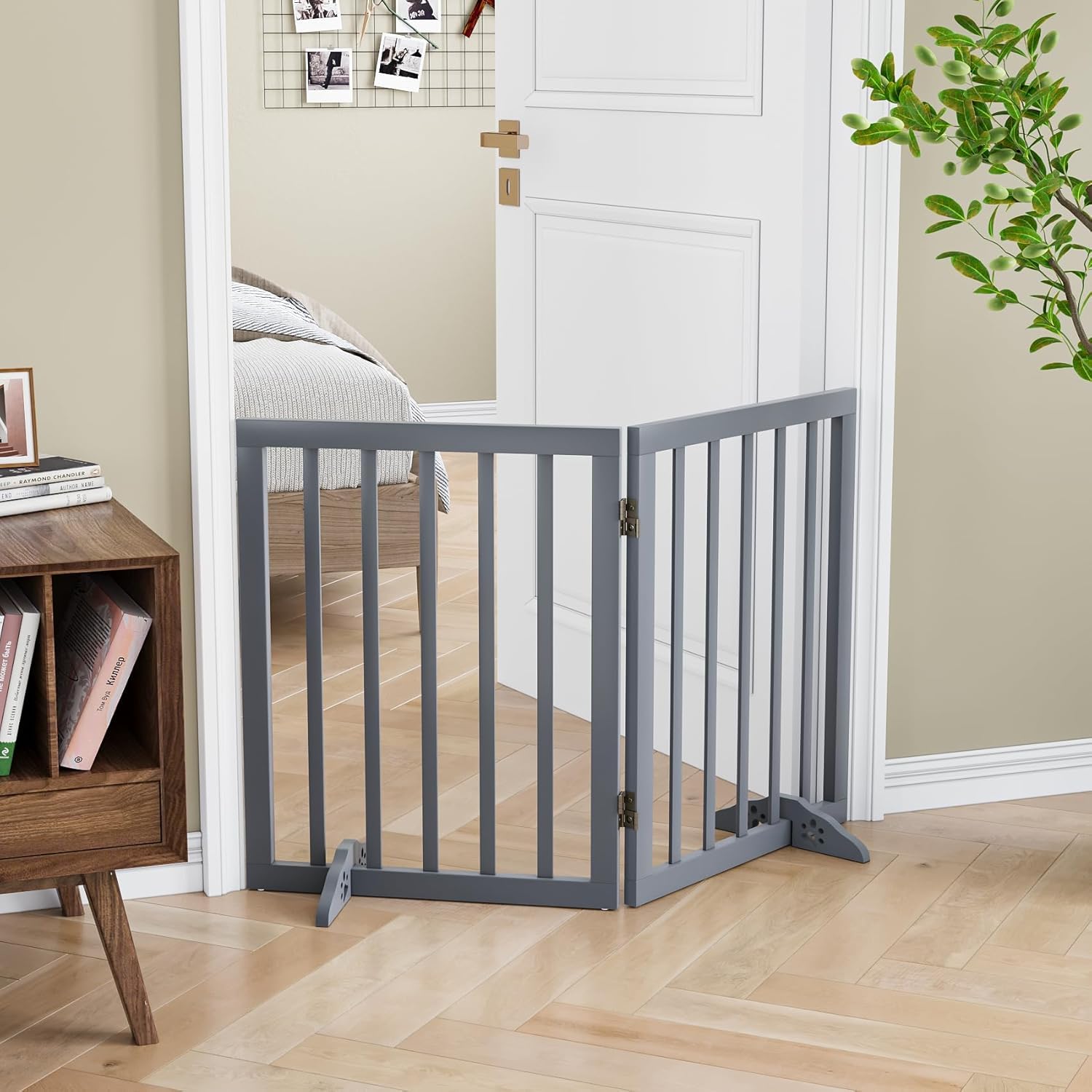 Wooden Freestanding Foldable Pet Gate for Dogs, Over Fence, Dog Partition for Your pet and Baby Protection (2-Panel (Grey))-image-12