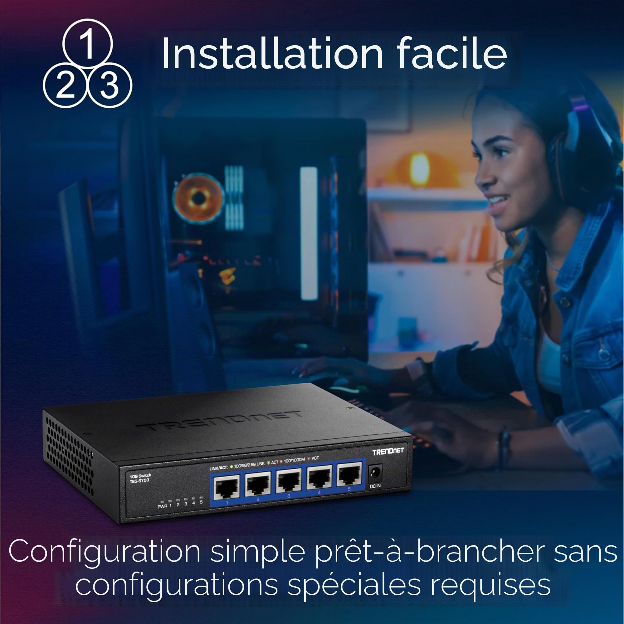 TRENDnet, TEG-S750, Commutateur 5 Ports 10G, 5 Ports RJ-45 10G, capacité de Commutation de 100 Gbit/s, Prend en Charge Les connexions 2,5G et 5G-Base-T, Noir