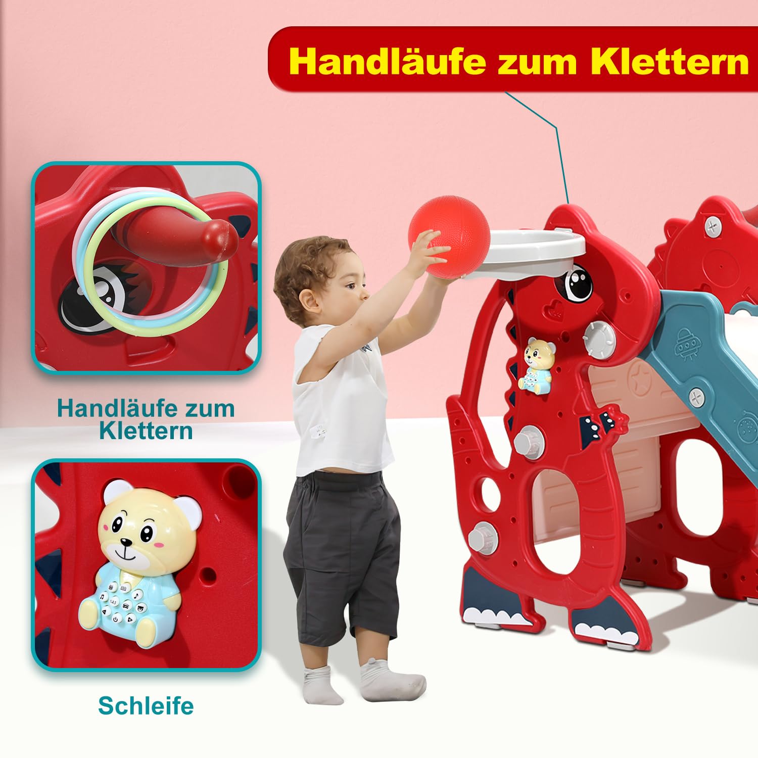 Toboganes independientes, con canasta de baloncesto y máquina de aprendizaje, para niños | Tobogán para niños 4 en 1 con aro de baloncesto, diseño plegable y HDPE resistente para niños de 1 a 6 años